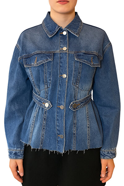 Qualia Butik سترة نسائية من الدنيم مع تفاصيل حزام