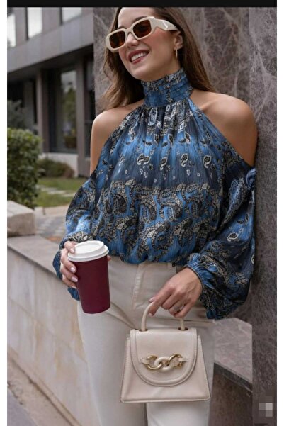 aytenli Mock Neck Off-The-Shoulder Balloon Sleeve Patterned Sleeve Skirt Elastic Lined Chiffon Blouse