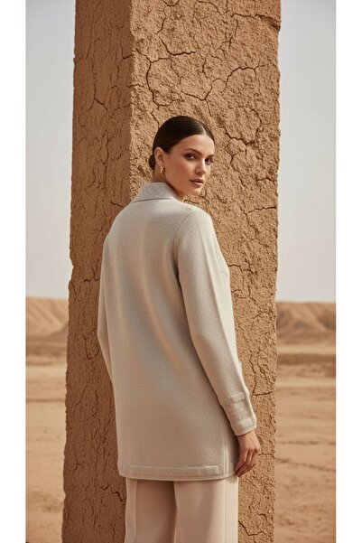 larocci Buttoned Embossed Patterned Beige Classic Collar Knitwear Cardigan