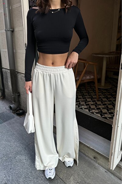 BEJNA Women's Snap Button Soft Modal Textured Pants