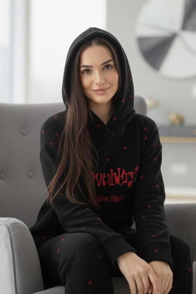Pijamaevi Black Always Patterned Hooded Plush Fleece Pajama Set