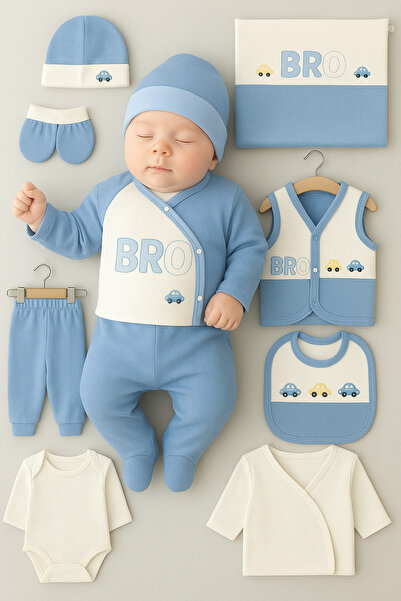 Sitilin Baby Boy Newborn 10-Piece Luxury Hospital Release Newborn Gift Bodysuit Set with Car Stl7128