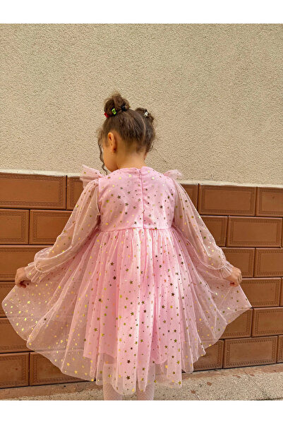 Minizade Baby Girls Children's Starry Tulle Long Sleeve Combed Cotton Lined Birthday Special Occasion Party Eid Dress