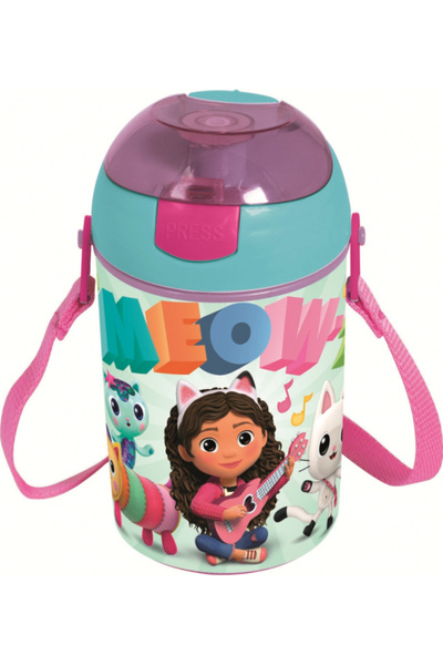 Gabby's Dollhouse Plastic bottle with straw and strap, Meow 450 ml