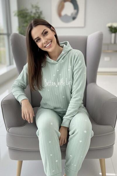 Pijamaevi Mint Life Patterned Hooded Plush Fleece Pajama Set