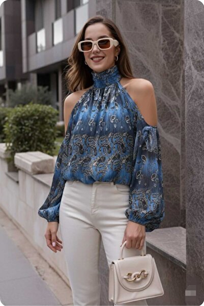 aytenli Mock Neck Off-The-Shoulder Balloon Sleeve Patterned Sleeve Skirt Elastic Lined Chiffon Blouse