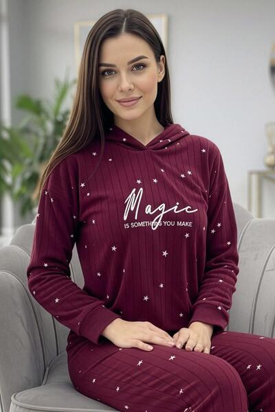 Pijamaevi Bordo Magic Patterned Hooded Plush Fleece Pajama Set