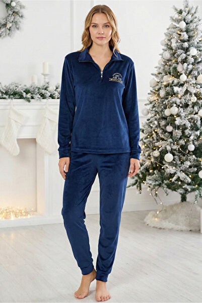 embody Pijama dama eleganta din catifea fina bleumarin -cadou Craciun 3166