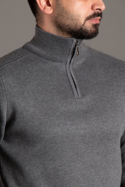 ZEKİ ÖZER Men's Anthracite Zip-Up Stand-Up Collar Knitwear