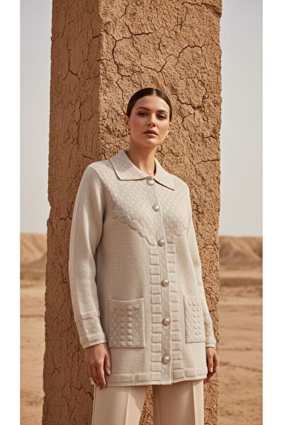 larocci Buttoned Embossed Patterned Beige Classic Collar Knitwear Cardigan