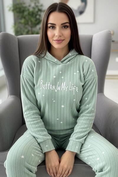 Pijamaevi Mint Life Patterned Hooded Plush Fleece Pajama Set