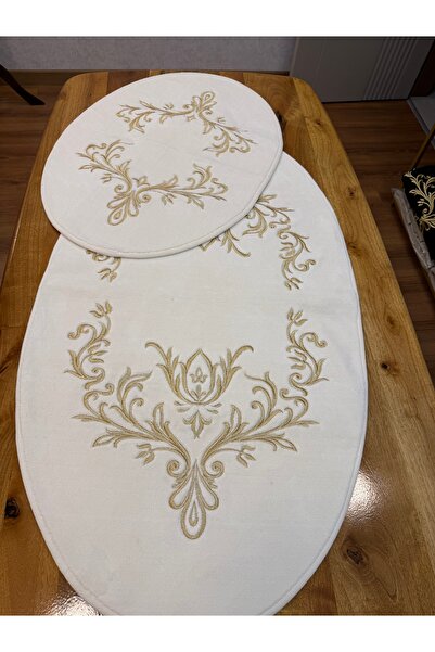 incisecrethome Σετ 2 Βαμβακερές Οβάλ Χαλιές Μαράσι με Κέντημα Χρυσό Κέντημα – 70x120 & 60x80