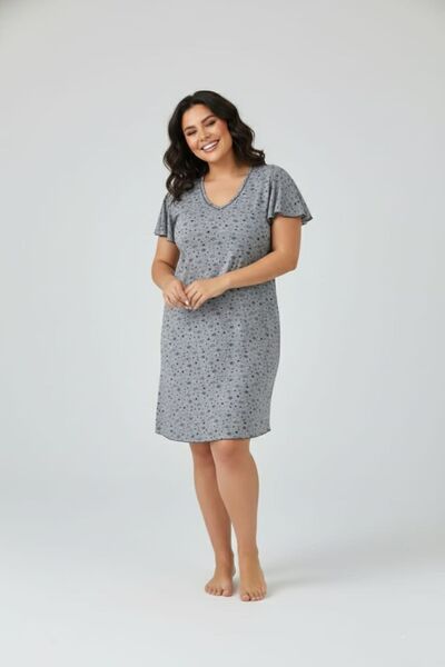 enmodaiçgiyim Women's Gray Patterned Plus Size Comfortable Fit Flared Sleeve Cotton V-Neck Casual Dress