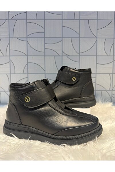 Anıl Ayakkabı Yüce 107 Women's Black Genuine Leather Velcro Zippered Mother Orthopedic Daily Boots