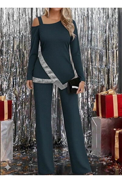 BALCI Women's One-Shoulder Open Long-Sleeved Front Sequined Imported Crepe Blouse and Pants