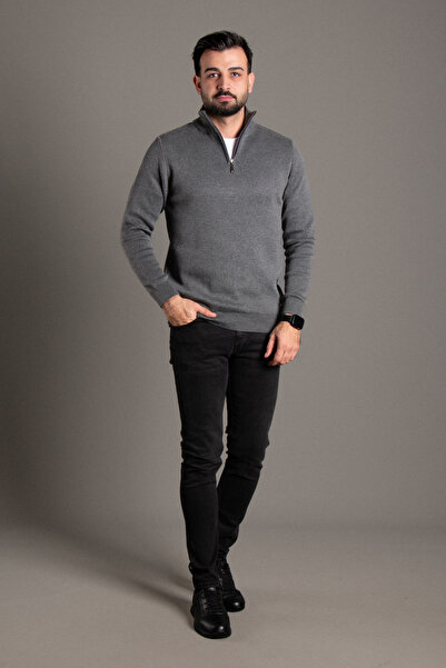 ZEKİ ÖZER Men's Anthracite Zip-Up Stand-Up Collar Knitwear