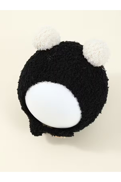 Kereminko Bebek Newborn Unisex Black Plush Hat with Pompom Compatible with Ages 1-3