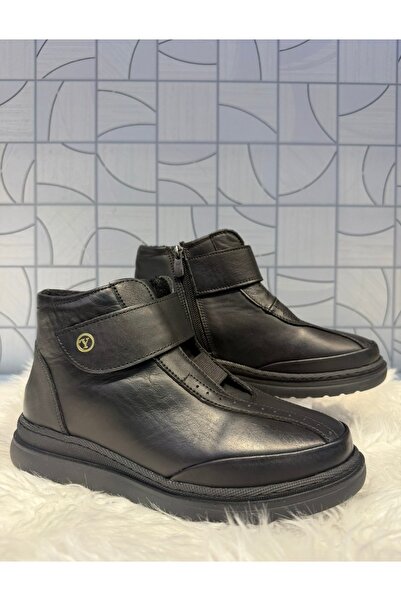 Anıl Ayakkabı Yüce 107 Women's Black Genuine Leather Velcro Zippered Mother Orthopedic Daily Boots
