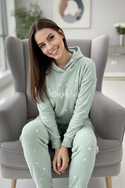 Pijamaevi Mint Life Patterned Hooded Plush Fleece Pajama Set