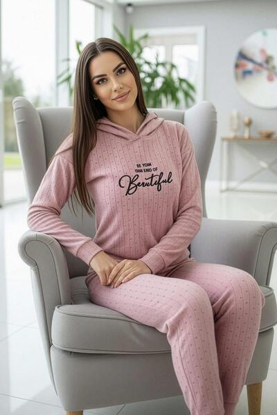 Pijamaevi Powder Pink Beautiful Patterned Hooded Plush Fleece Pajama Set