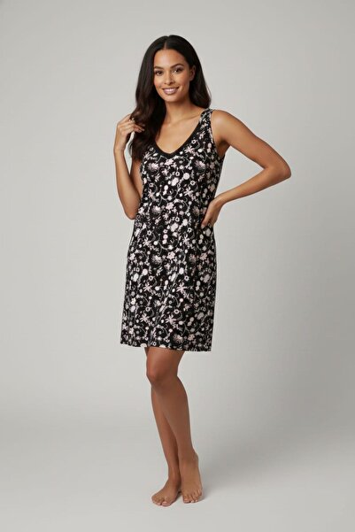 enmodaiçgiyim Women's Black Floral Patterned 100% Cotton Stretchy Lace Detailed Thick Strap Comfortable Nightgown