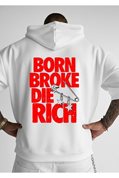 LORVEX Огромна памучна суитшърт с качулка и надпис „BORN BROKE“