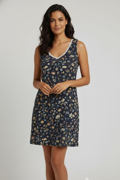 enmodaiçgiyim Women's Navy Blue Floral Patterned 100% Cotton Flexible Lace Detailed Thick Strap Comfortable Nightgown