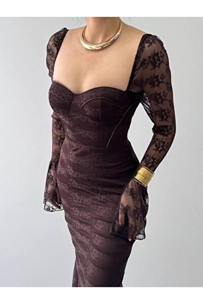 maf collection Γυναικείο μακρύ βραδινό φόρεμα με λεπτομέρεια από δαντέλα σε καφέ χρώμα