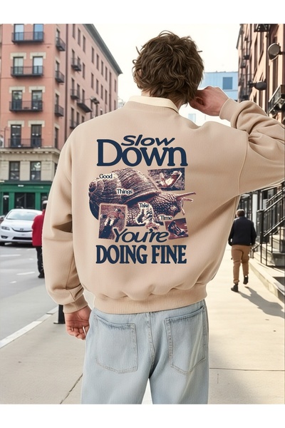 ArtYus Mânecă lungă unisex Slow Down Transfer cu imprimeu Mărime mare guler r...