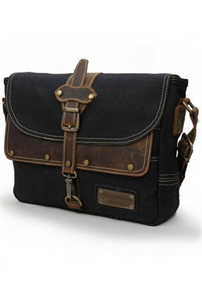 Cappadocia Vintage 4047 Antiochia Genuine Leather Black Brown Shoulder Messenger School Water Resistant Waxed Canvas Laptop Bag