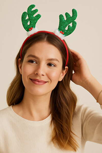 ELMATOLYE Yeşil Simli Geyik Boynuzu Yılbaşı Tacı Noel Parti Saç Aksesuarı Christmas Kostüm Taç
