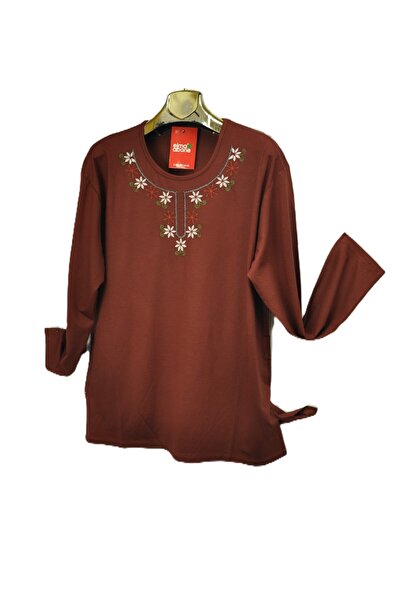 elma abone Plus Size Combed Cotton Embroidered Blouse