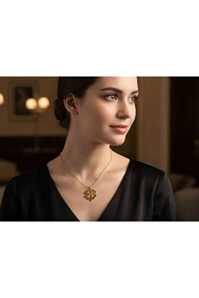LUNEVORA Çelik Altın Renk Dört Yapraklı Yonca Şans Kolyesi