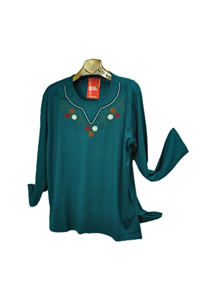 elma abone Plus Size Combed Cotton Embroidered Blouse