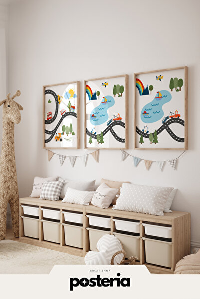 Posteria 3'lü set, Araba çocuk odası dekoru, Araç duvar sanatı, Beyaz Veya Do...