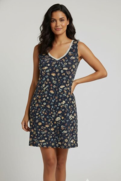 enmodaiçgiyim Women's Navy Blue Floral Patterned 100% Cotton Flexible Lace Detailed Thick Strap Comfortable Nightgown