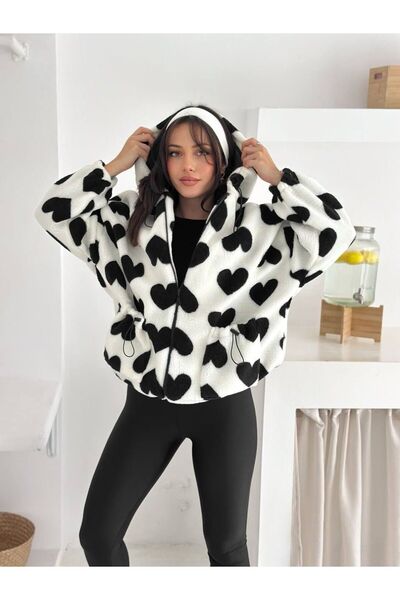 Lal Kapüşonlu Kalpli Peluş Mont Ekru Siyah Mont