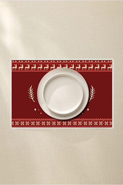 Grafiklas Kırmızı Geyik ve Kar Desenli 4’lü Amerikan Servis, 42x30 PVC Kaplama Yılbaşı Silinebilir Set