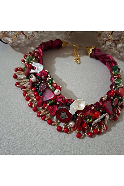 azra takı tasarım Handmade Red Burgundy New Year Christmas Gift Natural Stone Crystal Design Women Necklace