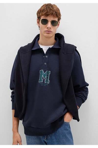 Mavi 0S10494-70490 m Logo Printed Half Button Collar Sweatshirt Dark Blue