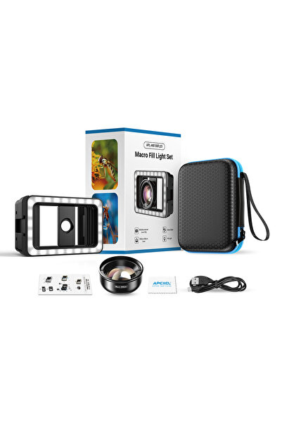 APEXEL HD 100mm Profesyonel Yakın Çekim Makro Yakın Çekim Lensi ve 3 Renkli Dolgu Işığı Kiti APL-HB