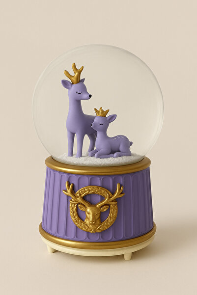 ALYTECH Mega Boy Mor Anne ve Yavru Geyik 3D Cam Kar Küresi Işıklı Müzikli Kar...