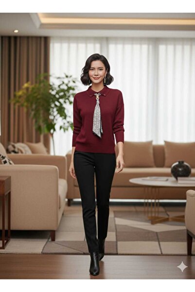 BELLA VESTA ATİELER Kadın Düğmeli Polo Yaka Fularlı Triko Kazak/Sweatshirt