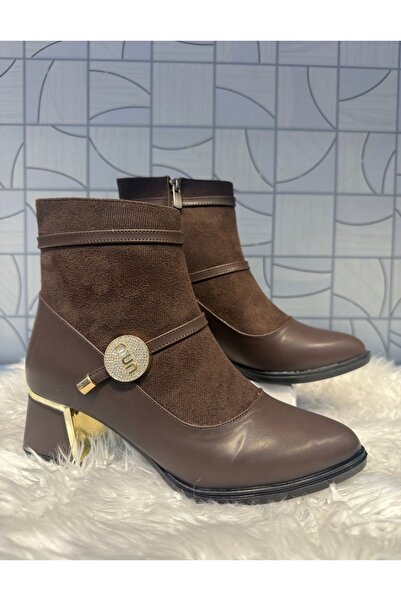 Anıl Ayakkabı Flr 212 Brown Zippered Brown Suede Detailed Thick Heeled Daily Stylish Boots