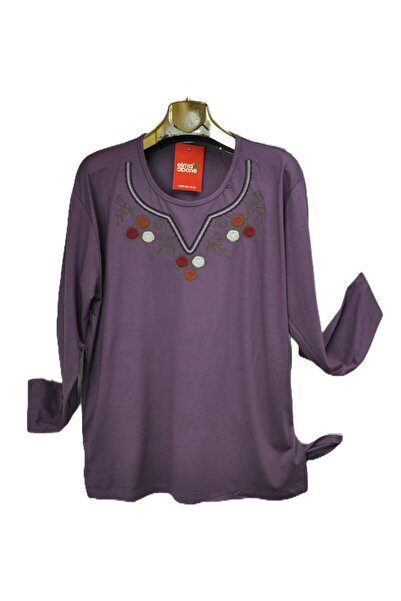 elma abone Plus Size Combed Cotton Embroidered Blouse