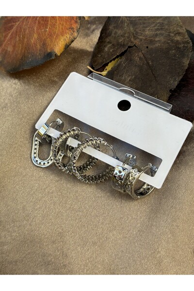 IronMoon 6'lı Gümüş Renk Zirkon Detaylı Sallanan Klipsli Çelik Küpe