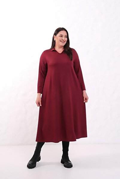 Truva XXL Plus Size Polo Neck 2 Thread Burgundy Cotton Combed Dress