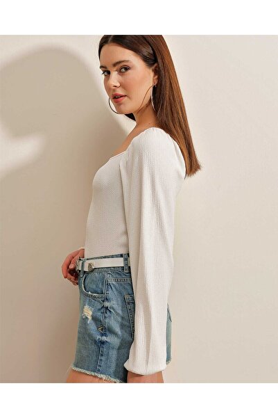 Modamorfo 0465 Balloon Sleeve Knitted Blouse - White