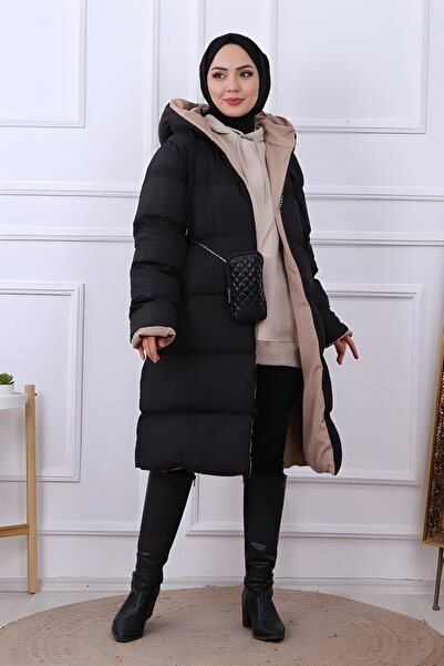 moda armanc Double-Sided Wearable Hooded Long Women's Puffer Jacket – Black/Beige – Waterproof Winter Coat