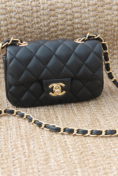 Yama Yagi Mini Kapitone Desenli Siyah Kadın Omuz Çantası (16x12)